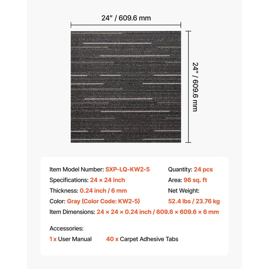 Gray 24x24 in square carpet tile, textured striped weave with thickness profile