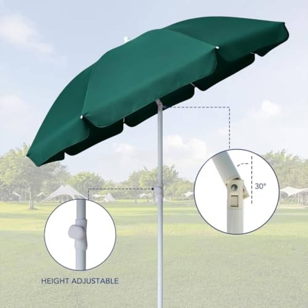 Green adjustable tilt beach umbrella with scalloped canopy and height control