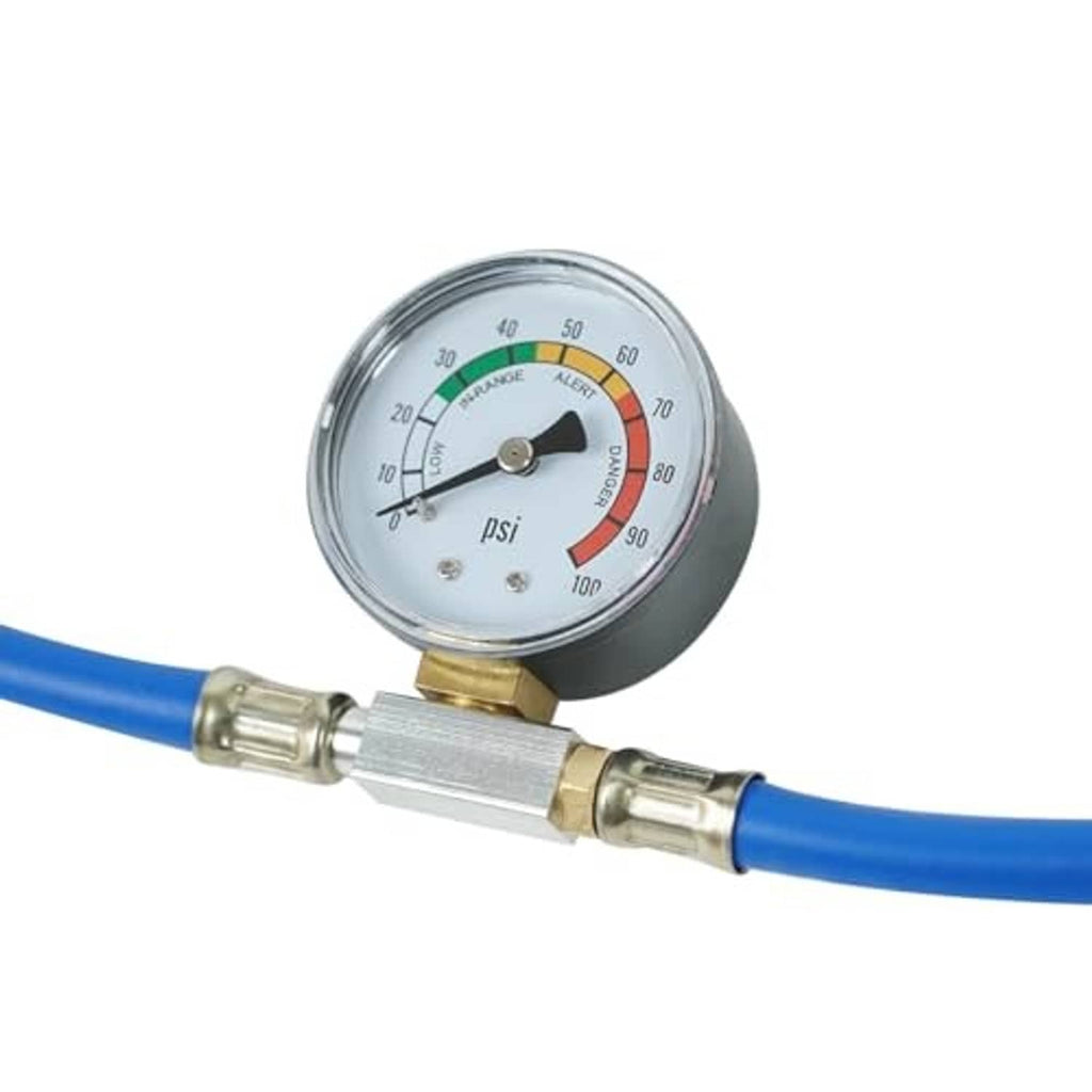 Pressure gauge with PSI scale connected to blue refrigerant hose