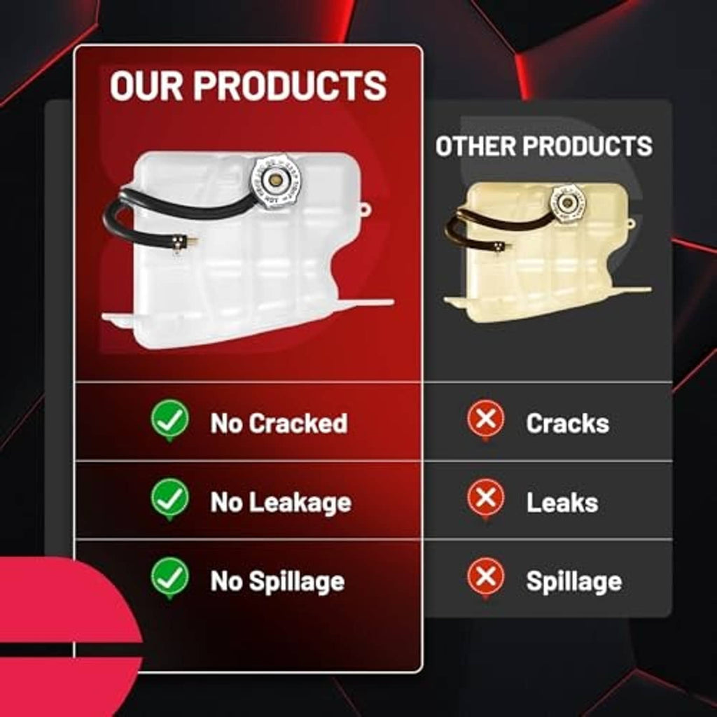 Coolant reservoir comparison graphic showing a white tank and cap