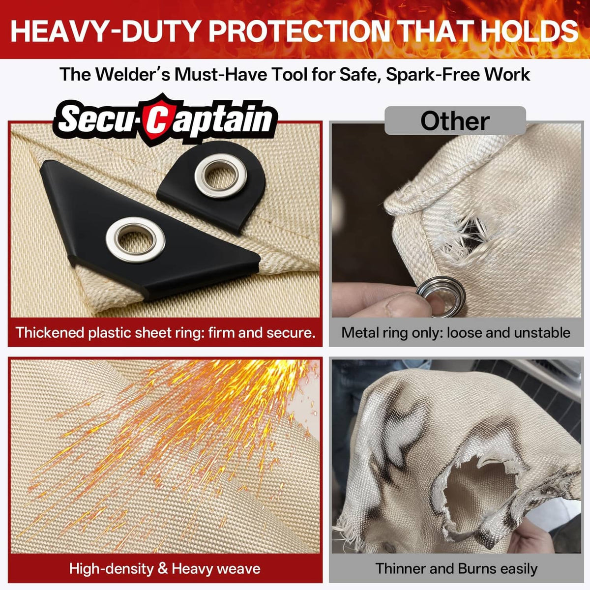 Golden fire-resistant welding blanket with corner grommets for secure fastening