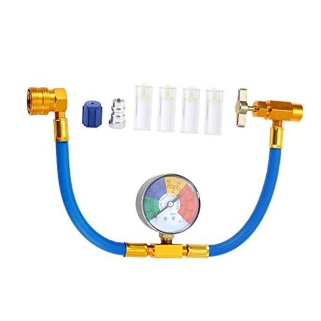 AC refrigerant recharge hose kit with blue hose, pressure gauge, brass connectors