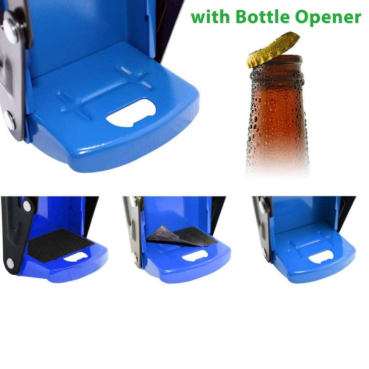 Blue can crusher base with bottle opener notch and black stand with foot pad