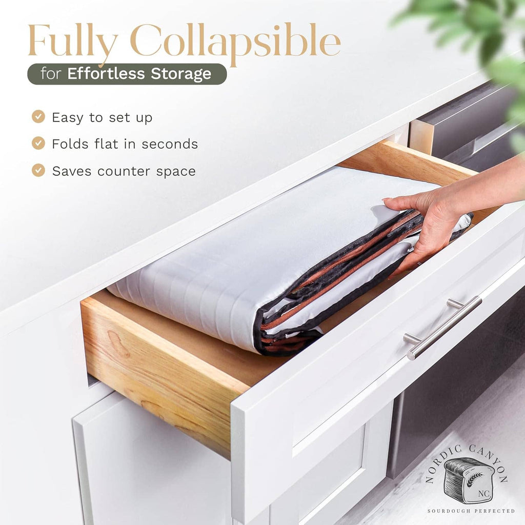 Fully collapsible bread proofing box folded for storage on a countertop
