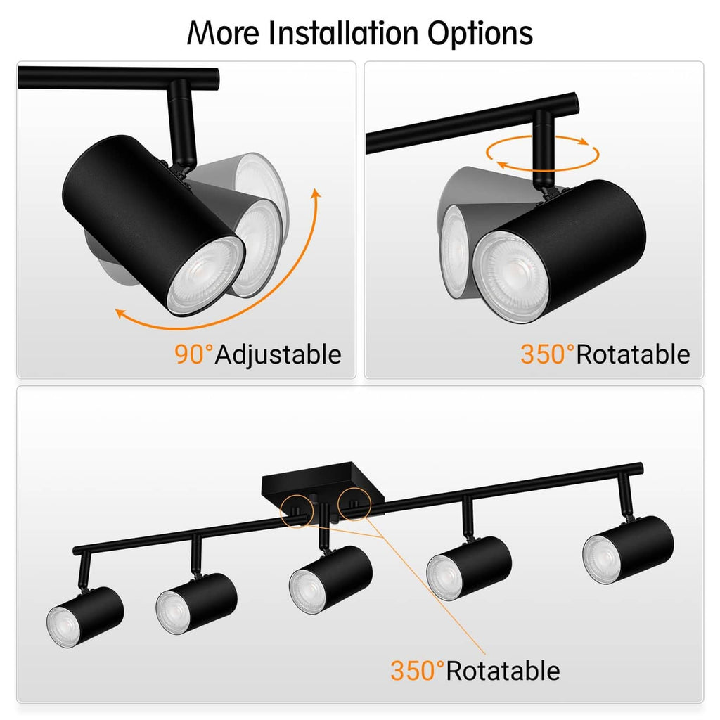 Black track spotlight head adjustments: 90° adjustable and 350° rotatable options