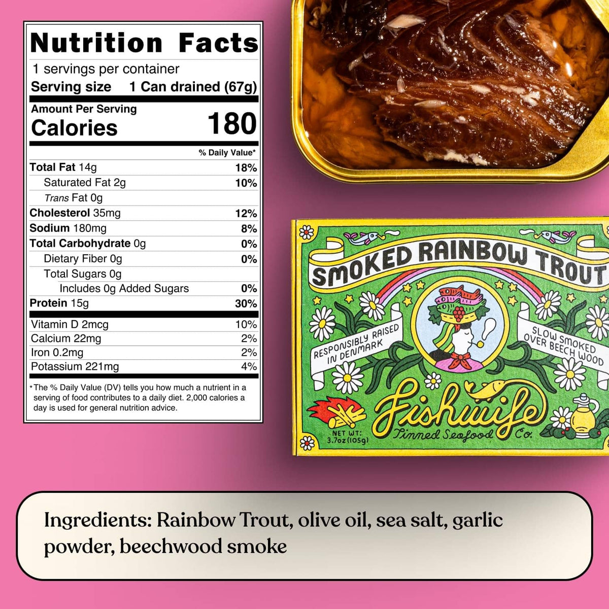 Smoked Rainbow Trout tin with nutrition facts panel and ingredient list
