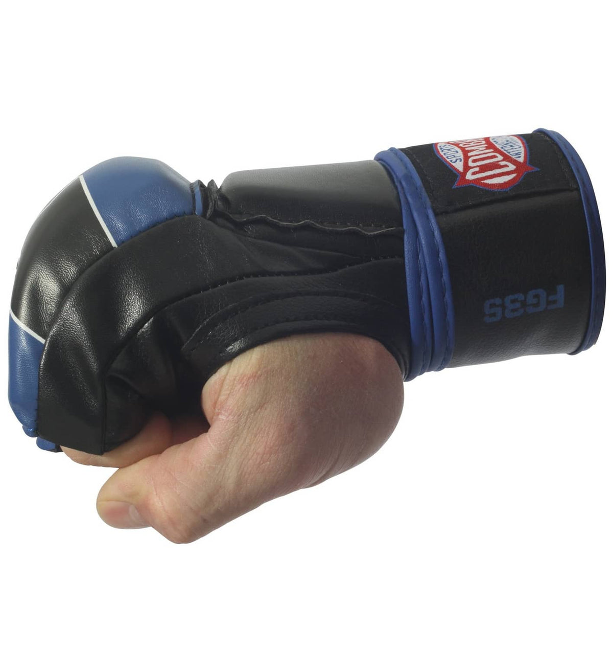 Blue and black boxing gloves with wrist strap and curved padded knuckles