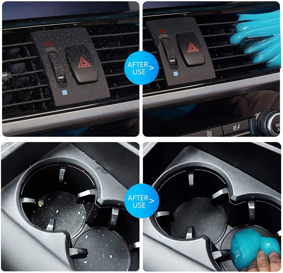 Blue cleaning gel putty used on car vent, showing after-use panel