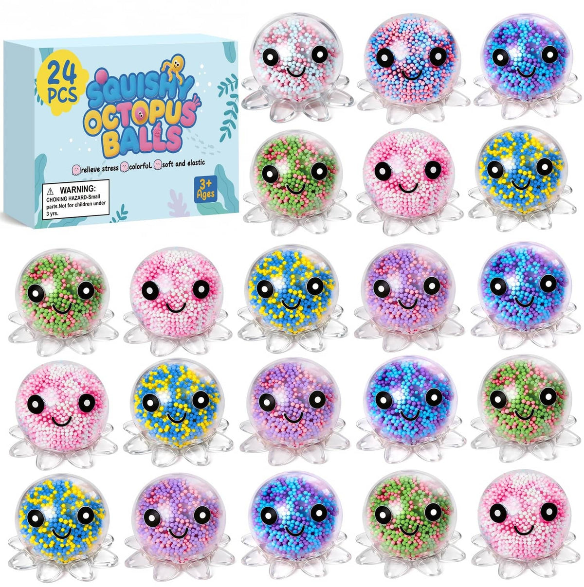 Squishy octopus stress balls set, 24 colorful balls with clear stands