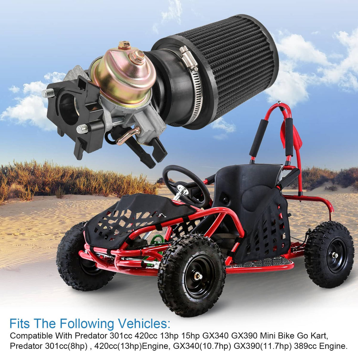 Air filter adapter jet kit with black cone air filter and carburetor mounted on engine