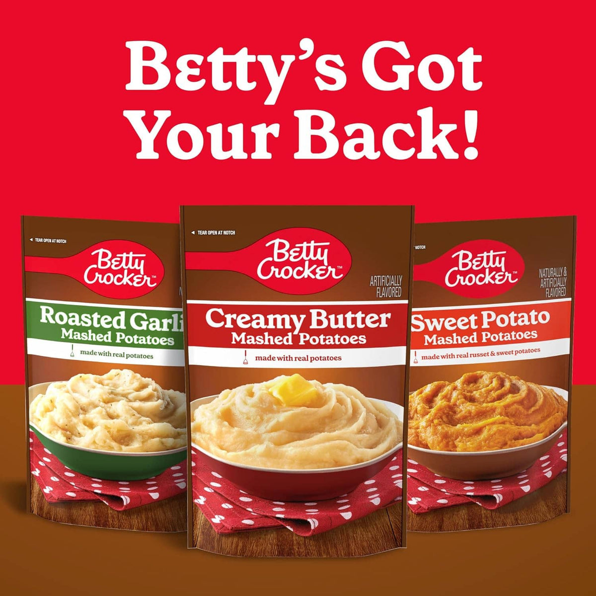 Variety pack display featuring roasted garlic & cheddar mashed potatoes pouches