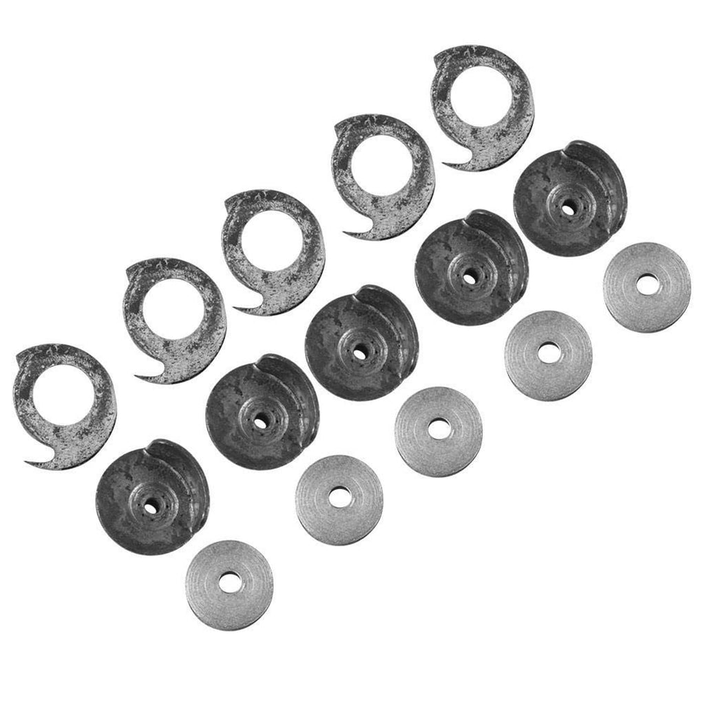 Assorted shoe mending bobbin set parts: multiple gray bobbins and dark bobbin cases