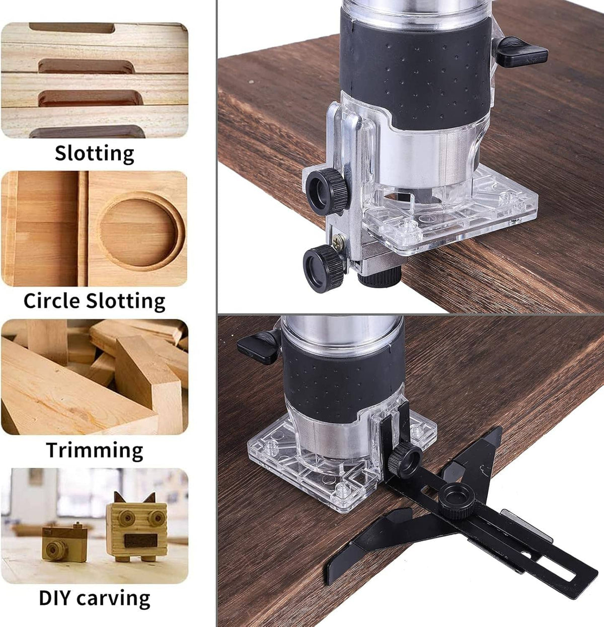 Electric router trimming base with black guide handle on wood surface