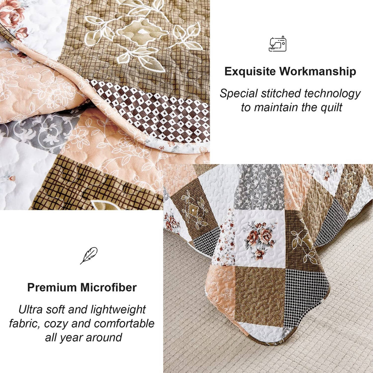 Quilt corner detail with stitched patchwork in brown and cream fabrics