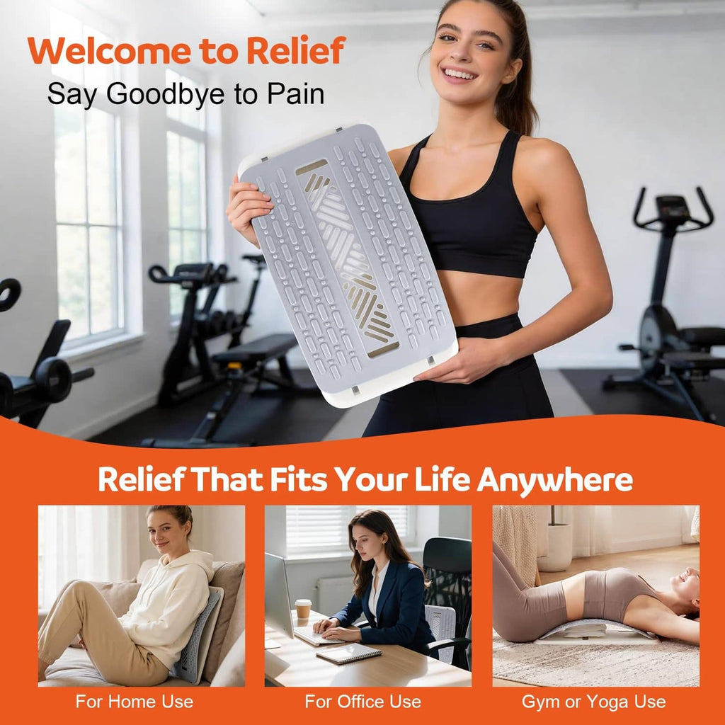 Inflatable back stretcher board held by a person, grey massage surface and airbag support