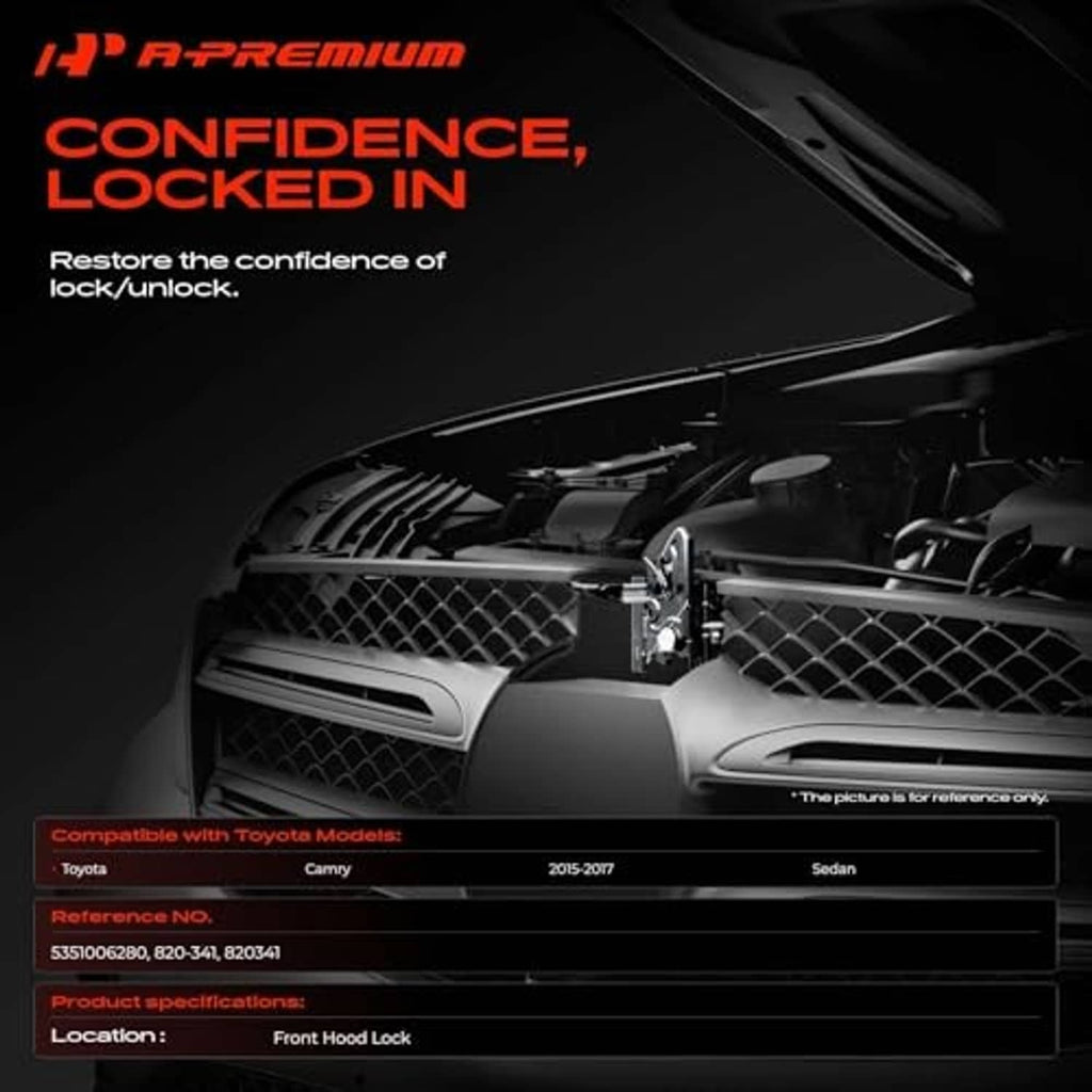 Front hood latch lock installed under vehicle hood, showing latch hardware