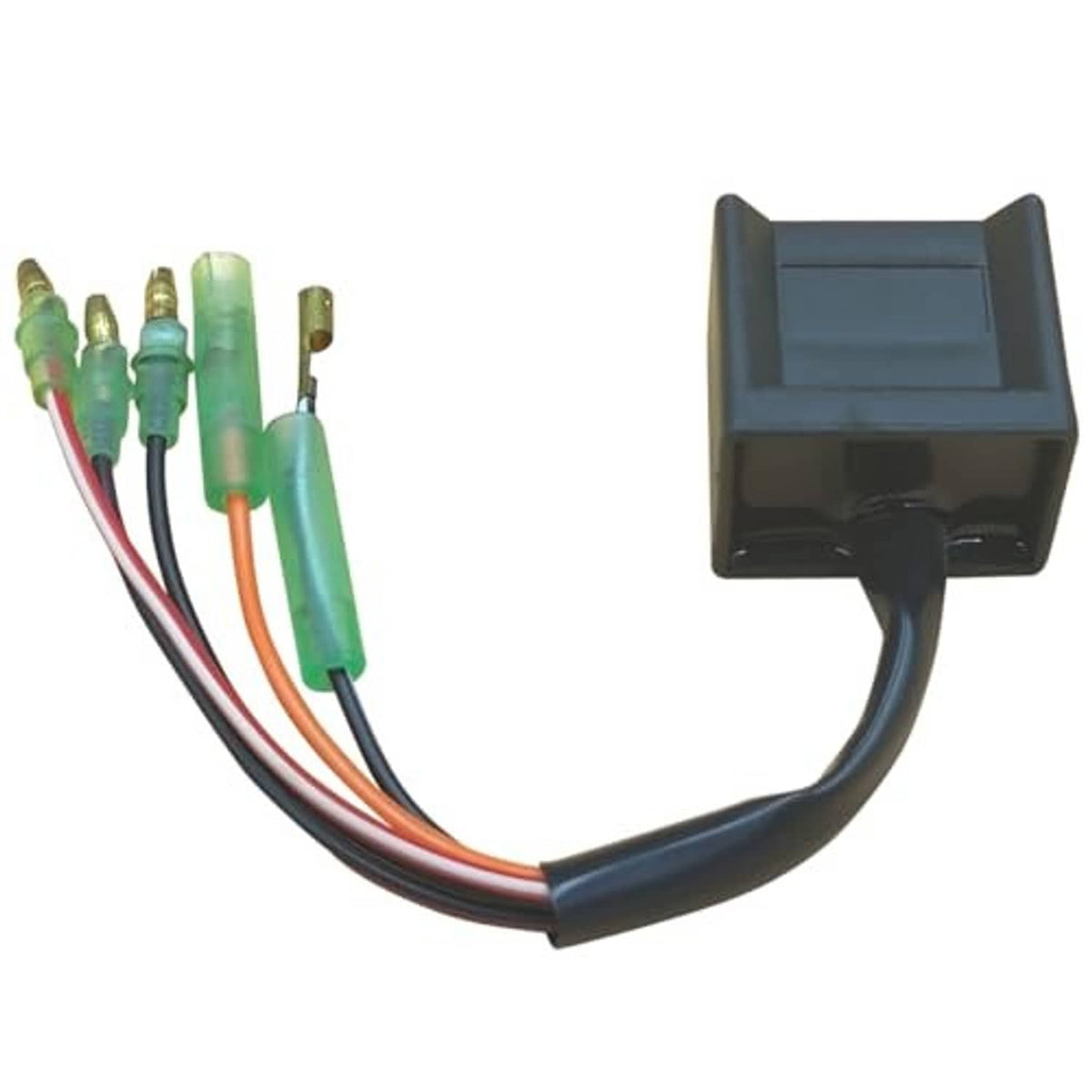 CDI ignition box with multicolor wires and green bullet terminals, side view