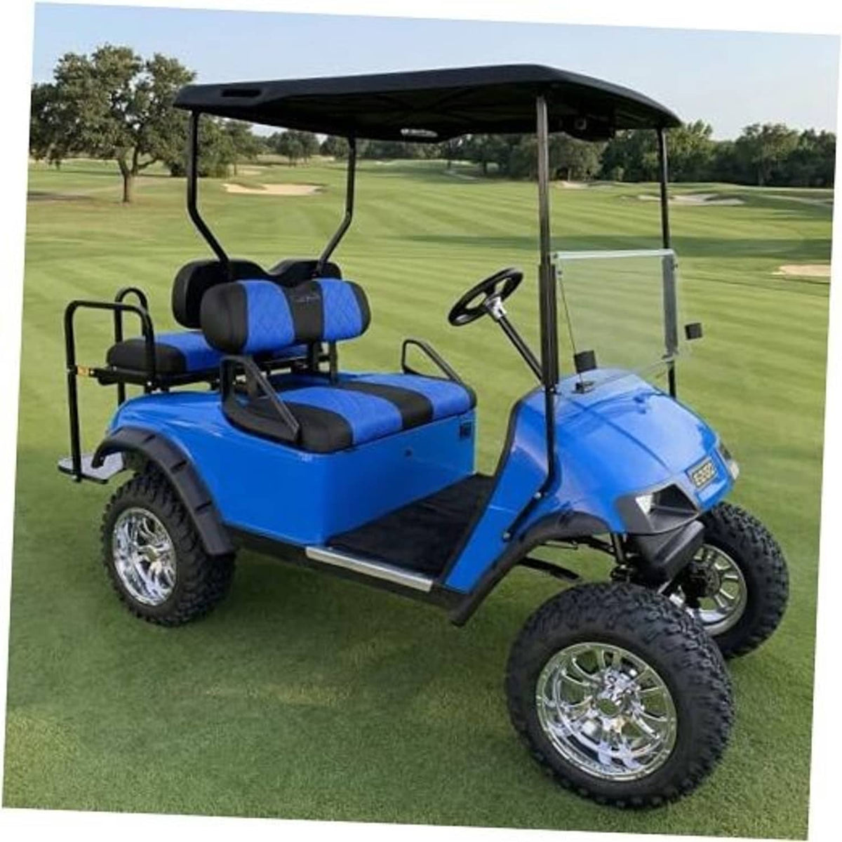Blue and black golf cart seat covers on a lifted EZGO TXT/RXV-style cart bench