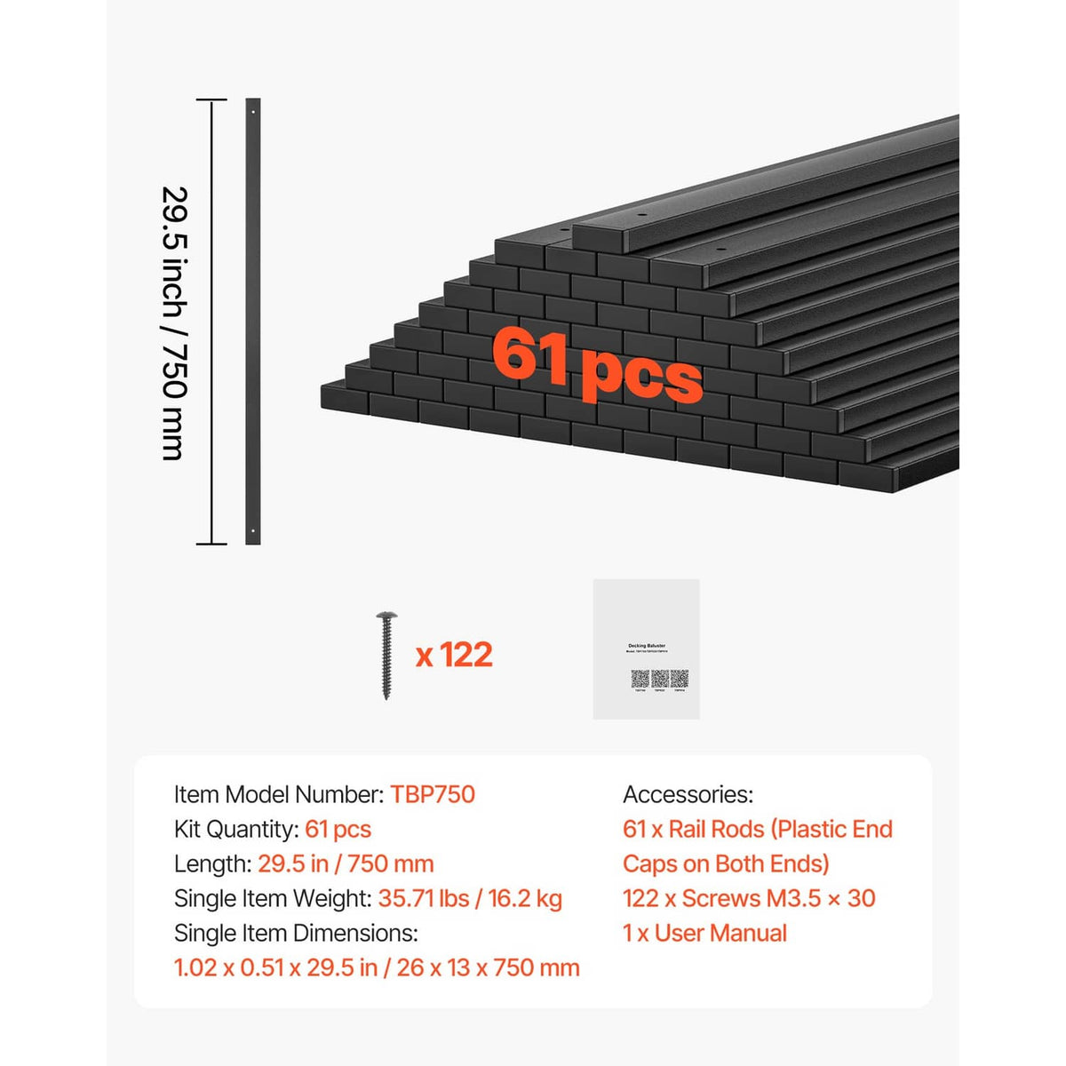 61-piece set of black rectangular steel deck balusters with screws and end caps