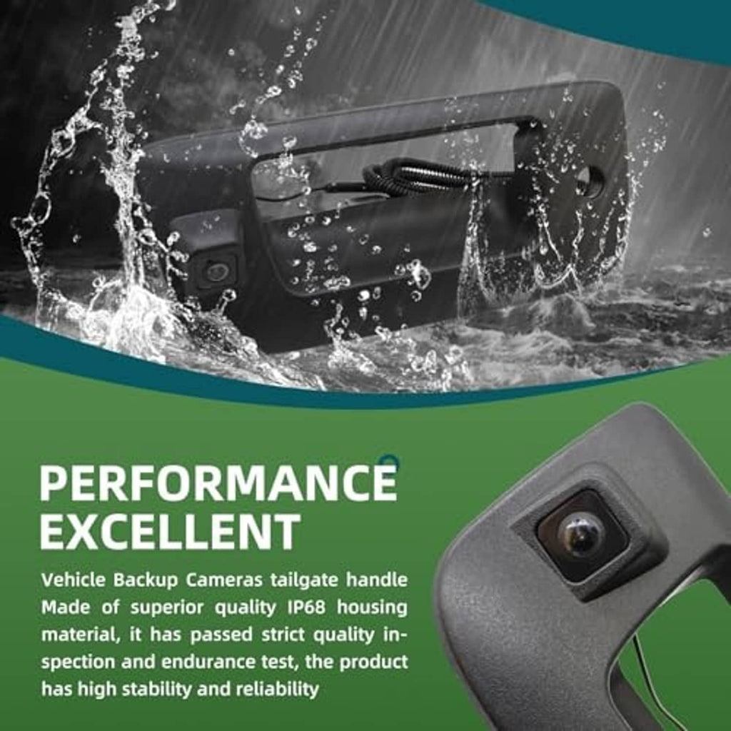 Water-resistant tailgate handle rear backup camera with visible lens and cable