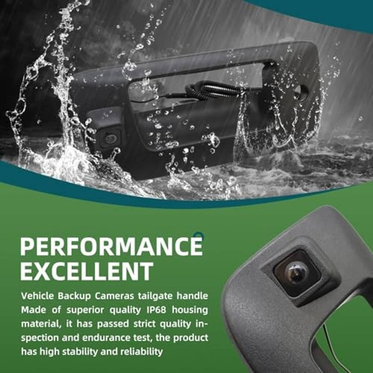 Water-resistant tailgate handle rear backup camera with visible lens and cable