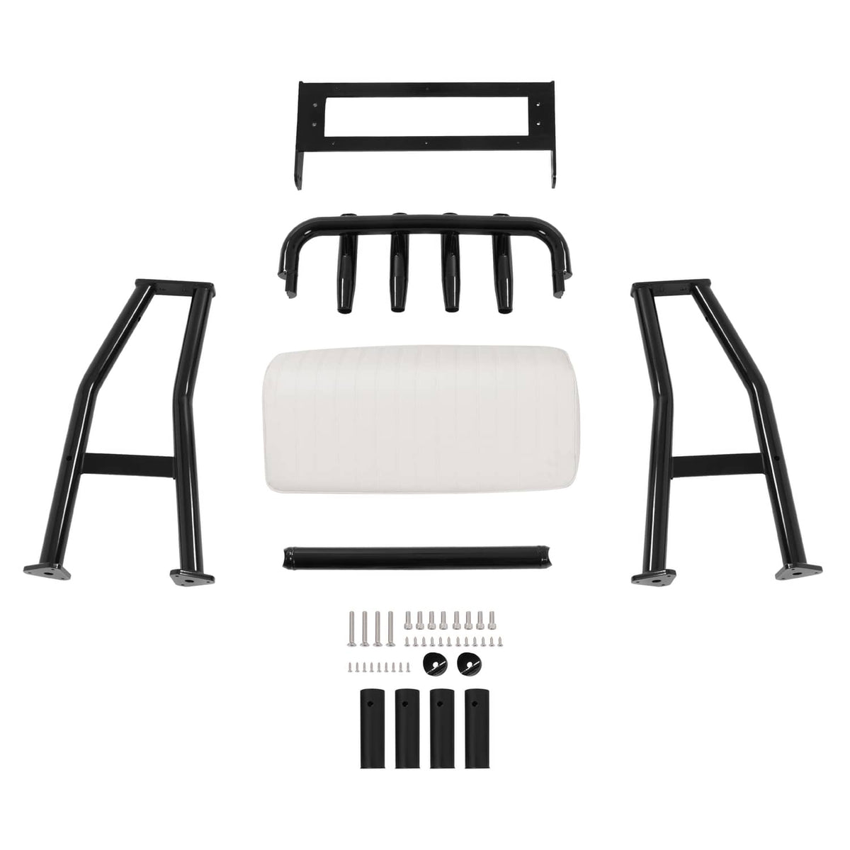 Leaning post seat kit: white cushion, black frame, rod holder bars, and installation hardware