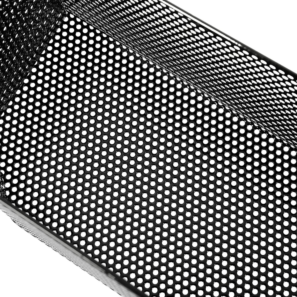 Close-up view of black perforated mesh surface on the storage basket box