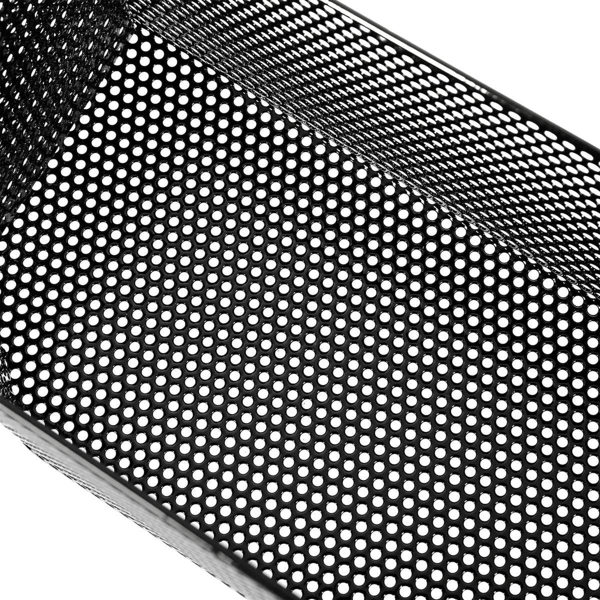 Close-up view of black perforated mesh surface on the storage basket box
