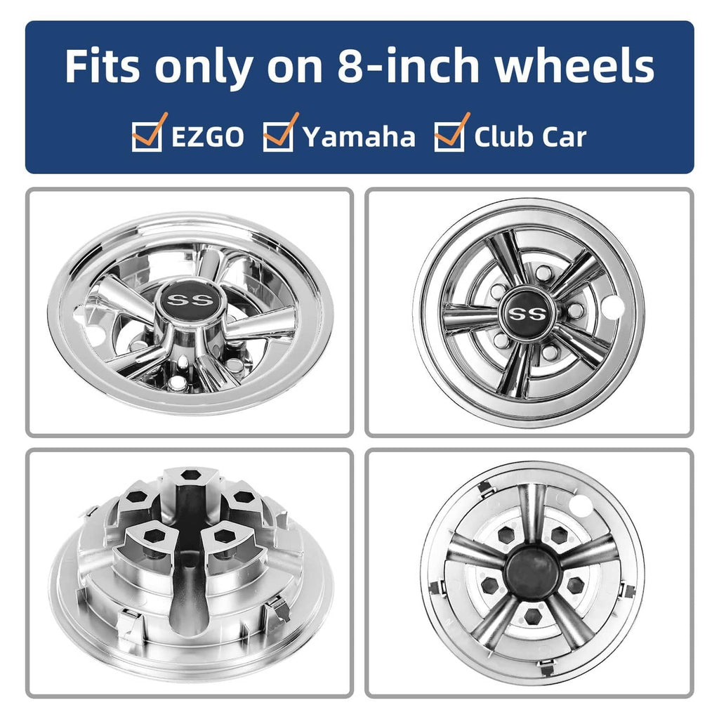 Four chrome 8-inch wheel hubcaps with SS logo center and multi-spoke rim pattern
