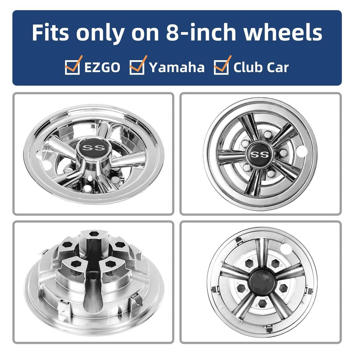 Four chrome 8-inch wheel hubcaps with SS logo center and multi-spoke rim pattern