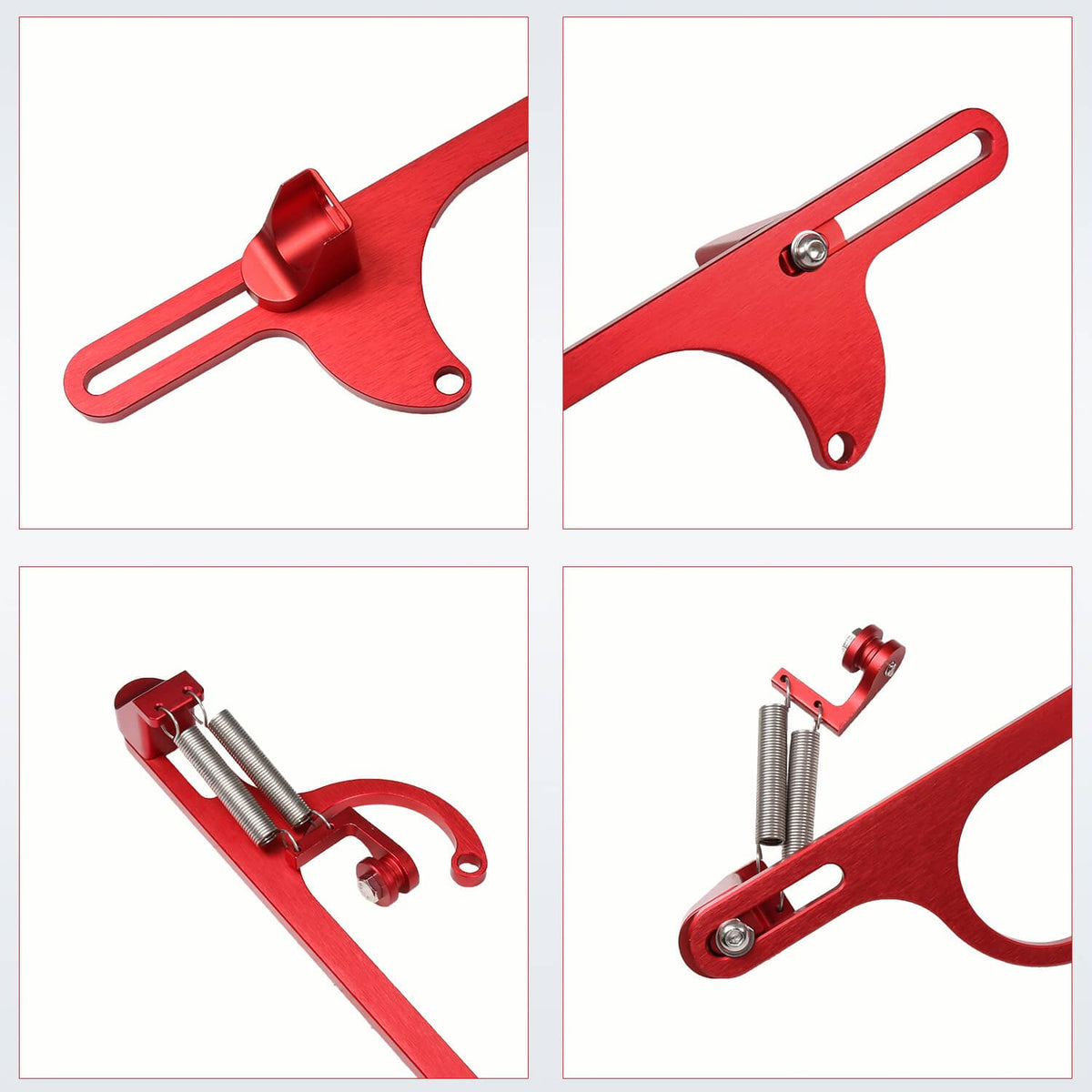 Red throttle bracket close-ups of mounting holes and cable spring assembly