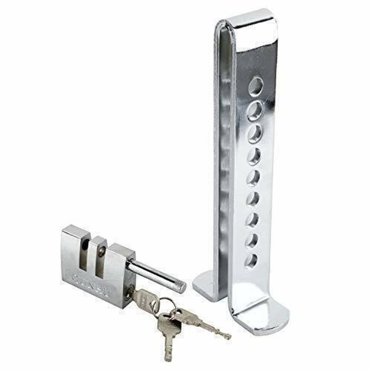 Silver metal pedal anti-theft lock with vertical post, bracket, and keys