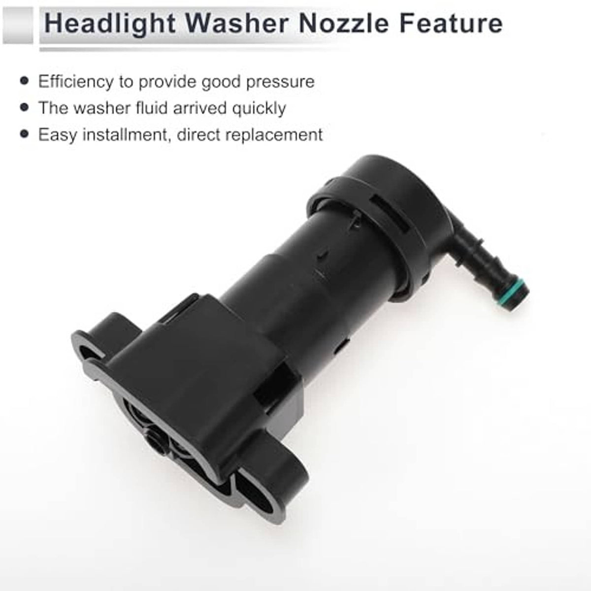 Headlight washer nozzle, black with side mounting ears and green inlet spout