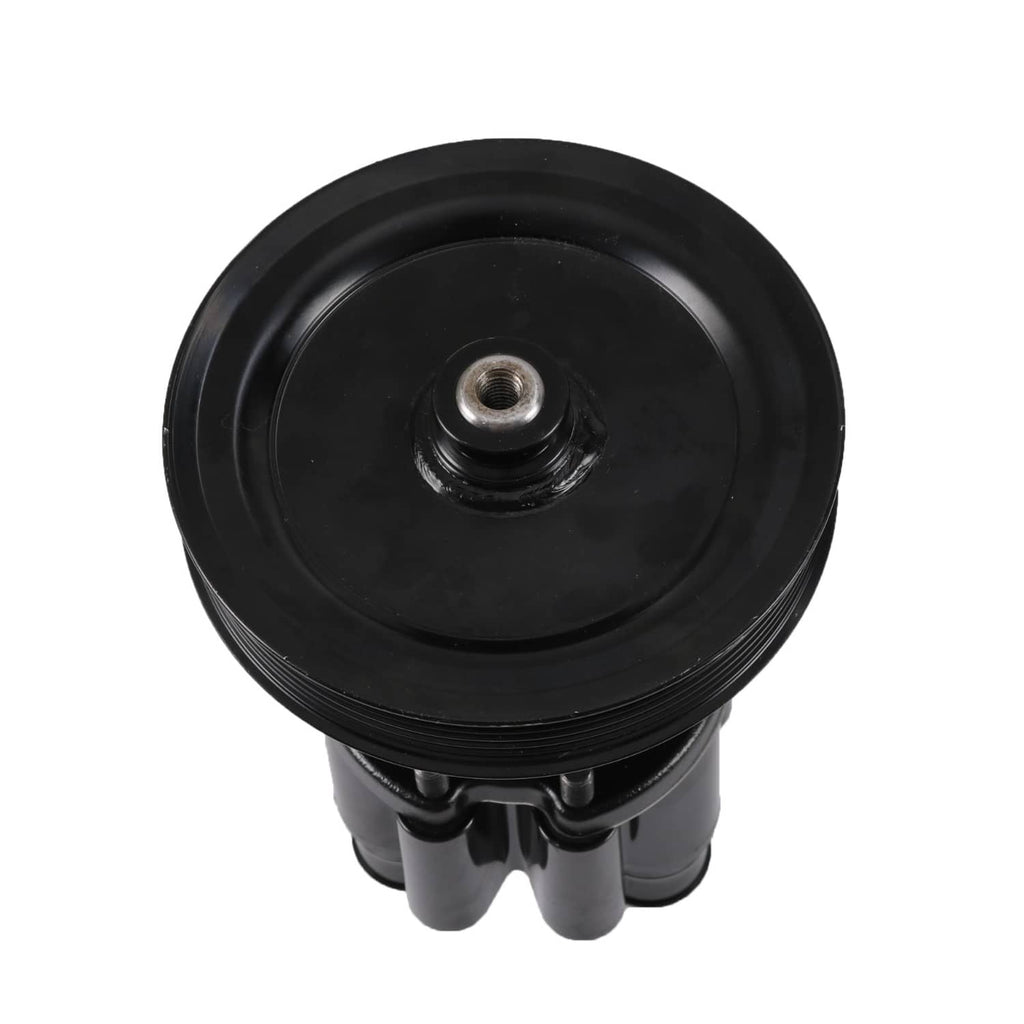 Black pulley wheel with center bolt on raw water pump assembly
