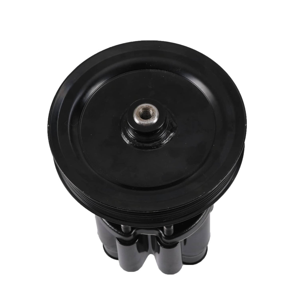 Black pulley wheel with center bolt on raw water pump assembly