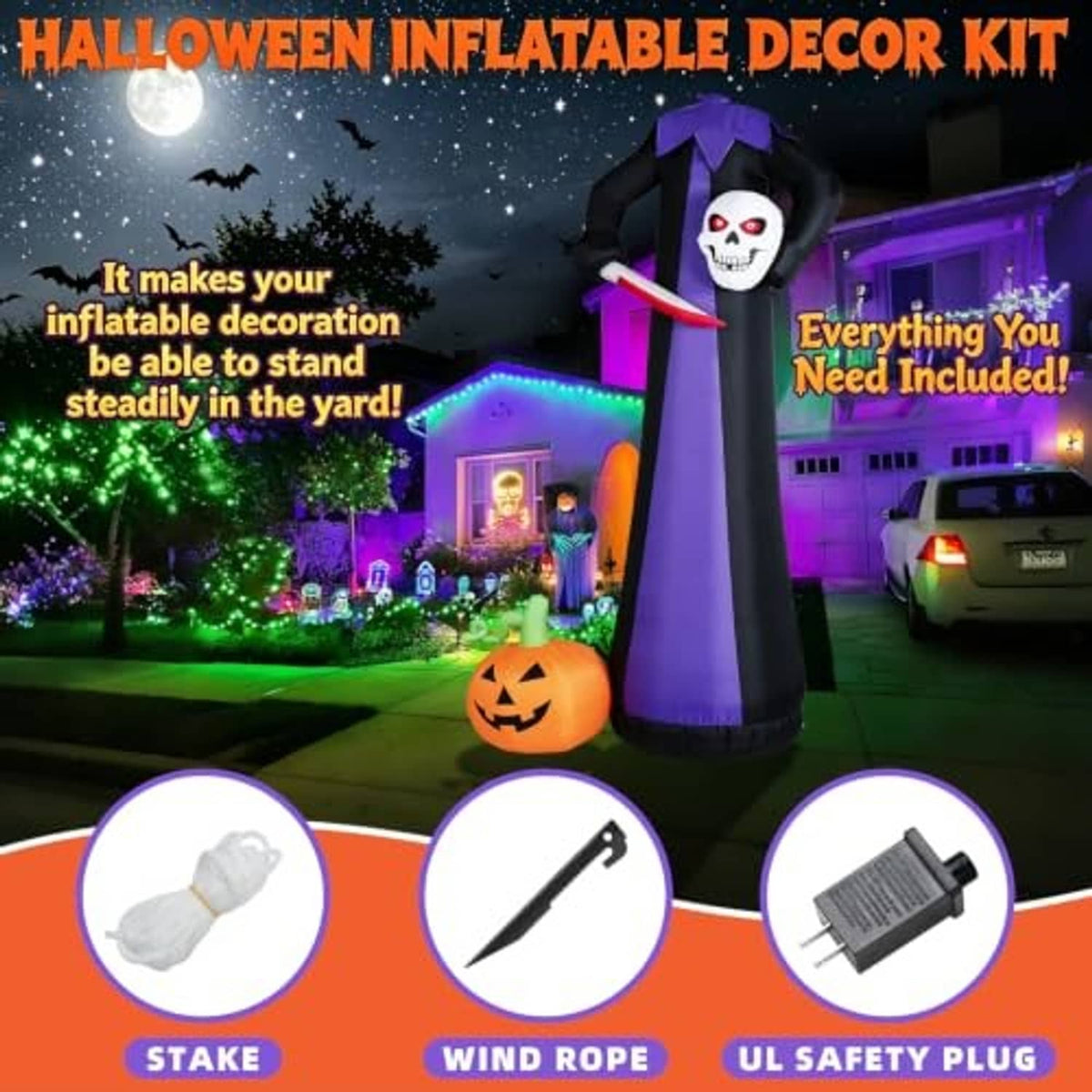 Inflatable headless Halloween decor with skull face, purple robe, red scythe; includes stakes/rope