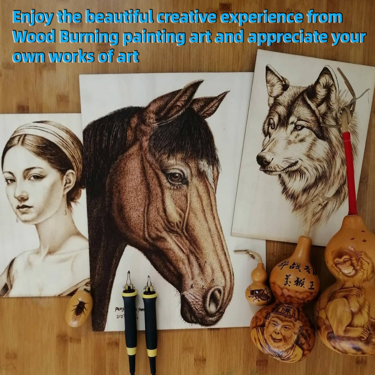 Wood burning pens with metal tips alongside finished woodburning artwork sheets
