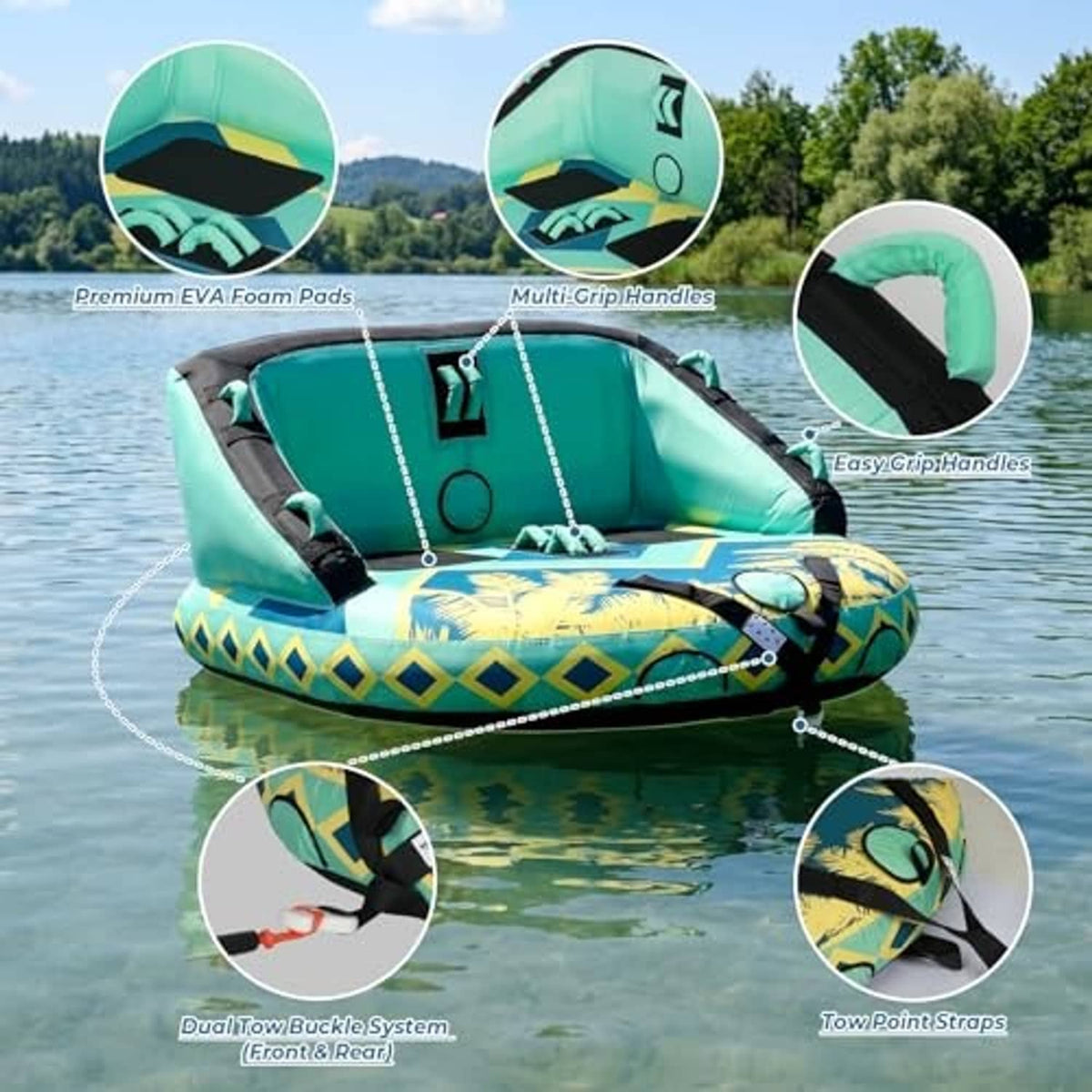 Green inflatable towable tube with EVA foam pads, multi-grip handles, and tow straps