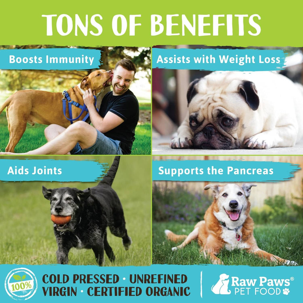 Pet coconut oil benefits infographic with dog and cat photos
