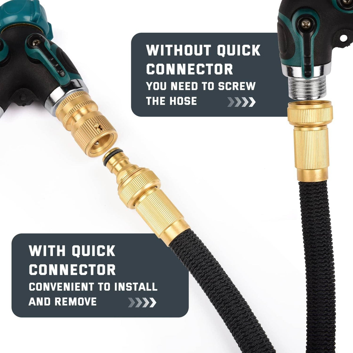 Brass quick-connect hose coupler on black hoses with rubber seal ring
