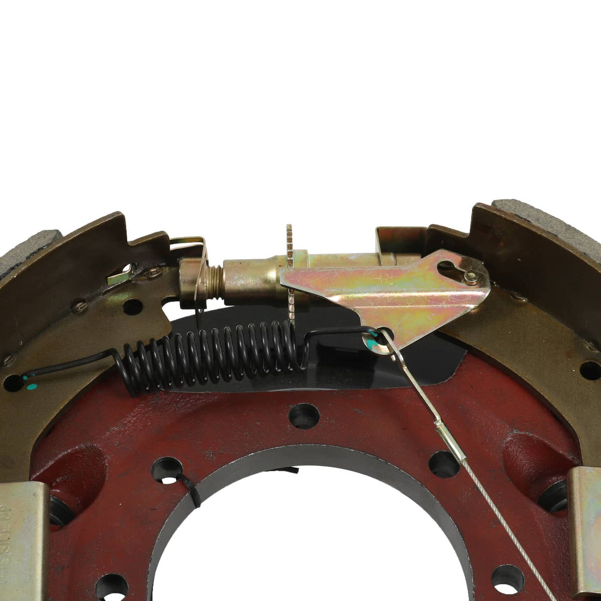 Hydraulic trailer brake backing plate with red shoe, coil spring, and linkage