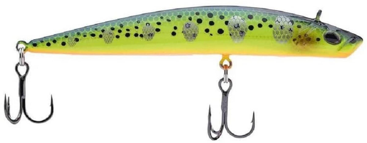 Forward-facing fishing lure, lime green with spots, two treble hooks, metal rings