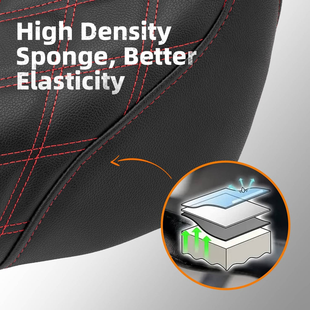 Close-up motorcycle seat cover, black material with red stitched seam lines