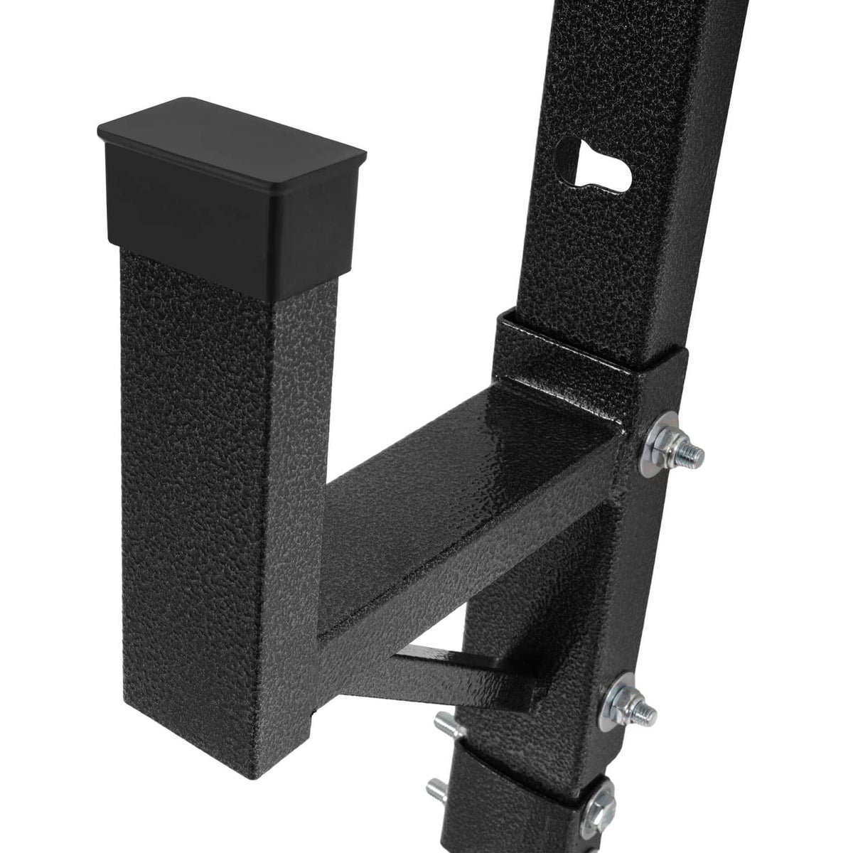 Adjustable trailer ladder rack wall mount showing black step supports and mounting hardware