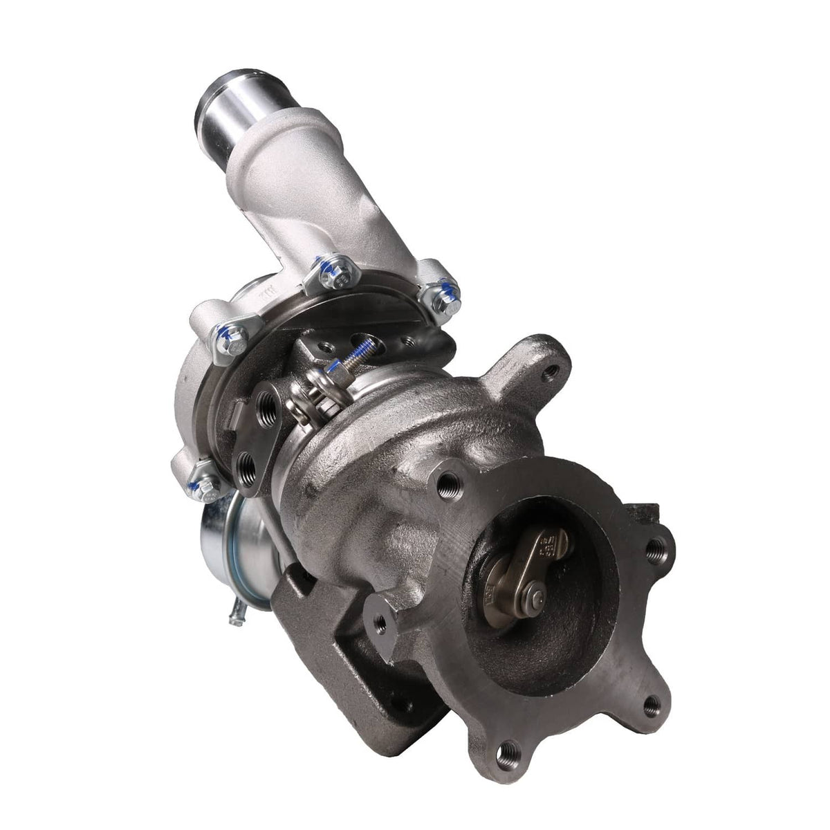 Turbocharger with circular compressor outlet and black turbine housing, side view