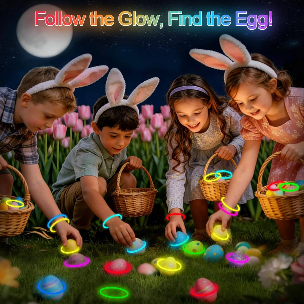 Light-up glow sticks held by children in outdoor grass, multicolor rings