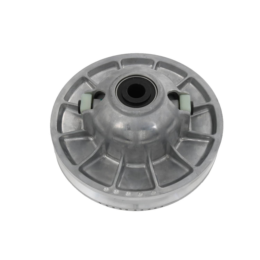 Secondary driven clutch sheave, silver metal with side green dampers and central black opening
