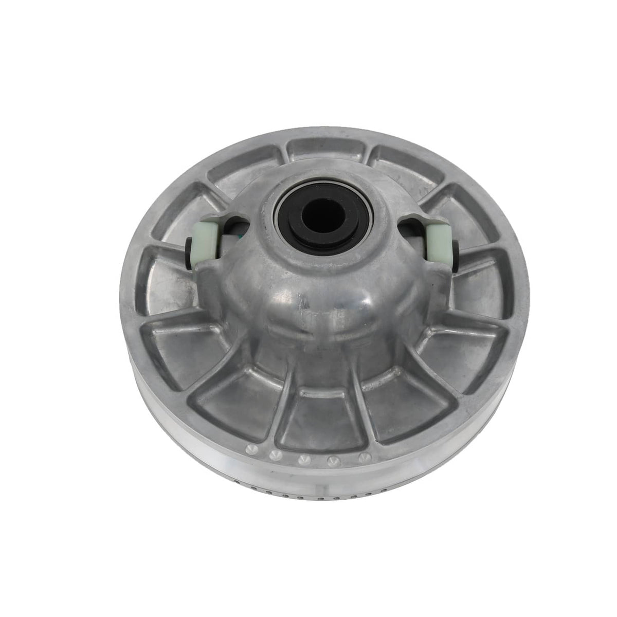 Secondary driven clutch sheave, silver metal with side green dampers and central black opening