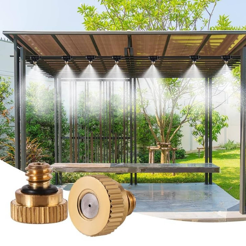 Brass misting nozzle and black O-ring with overhead spray line