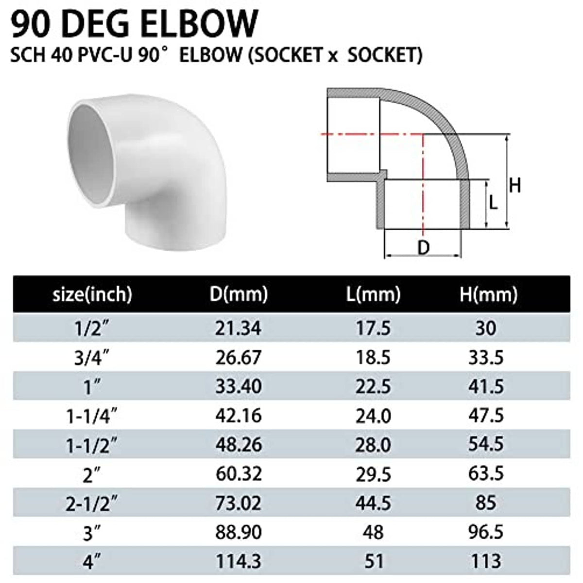 White 90-degree PVC elbow fitting with dimension diagram for socket ends